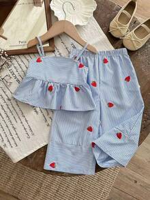 SHEIN 女婴休闲可爱度假条纹草莓印花吊带背心和松紧腰裤套装 - 彩色 - 查看 3