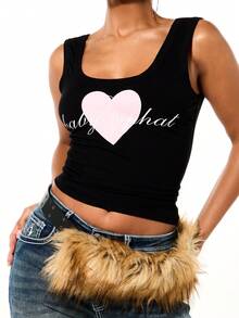 BABYPHAT Áo tank top gân sọc in hình trái tim, áo crop top không tay, áo thun cơ bản mùa hè màu đen, thích hợp cho ngày Valentine. - màu đen - Xem 6