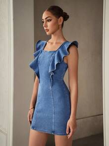 Selenza 女士方领短袖修身牛仔连衣裙 - 藍色 - 查看 7