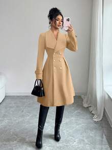 SHEIN Elenzya Áo khoác nữ hai hàng cúc, ve áo bằng chất liệu len pha, kiểu dáng thanh lịch, thường ngày, phù hợp đi làm, công sở, hẹn hò lãng mạn, dự tiệc Giáng sinh, màu đỏ tía, Thu/Đông, - Màu Khaki - Xem 6