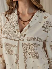 Wildy Áo kiểu nữ phong cách BOHO miền Tây nước Mỹ cổ điển in hoa, kiểu dáng cơ bản mặc hàng ngày, đi làm, tay lỡ 3/4, thích hợp mặc thường ngày mùa xuân/hè hoặc đi nghỉ mát. - Màu be - Xem 6