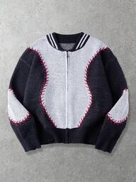 Men's Contrast Color Zip-Up Baseball Cardigan, Autumn/Winter