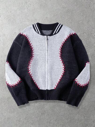 Men's Contrast Color Zip-Up Baseball Cardigan, Autumn/Winter