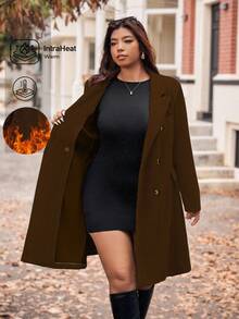 Vionelle 女士高级灰色中长款大衣，优雅双排扣翻领大衣，秋季服装，大码冬季服装，大码外套，女士大码大地色系大衣 - 棕色 - 查看 6