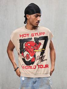 SHEIN HOT STUFF Men's Casual Letter & Cartoon Graphic Loose Fit Tank Top, Summer - Apricot - View 6