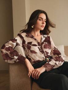 Anewsta 女士性感法式提花长袖衬衫，优雅休闲度假装，春季 - 棕色 - 查看 4