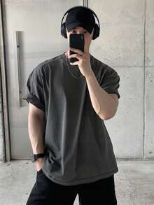 DAZY 男士做旧水洗深灰色圆领T恤，夏季 - 灰色 - 查看 5