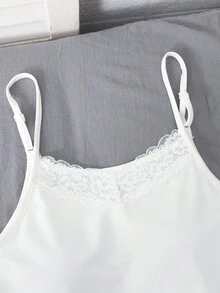 SHEIN 少女简约蕾丝边可调节吊带背心和格子裤休闲睡衣套装，2件套，法式优雅风格