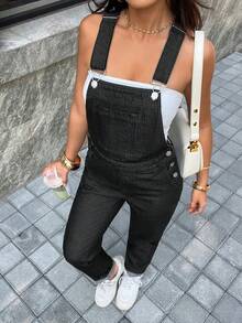 SHEIN PETITE 女士休闲百搭水洗牛仔背带裤 - 黑色 - 查看 3