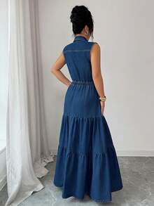 Elenzga Women's Casual Everyday Commuting Flap Pocket Elastic Waist Sleeveless Denim Jumpsuit Dress, Summer - Blue - View 2