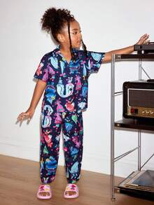 SHEIN Trolls Young Girl Cute Cartoon All-Over Print Short Sleeve Shirt And Pants Pajama Set - Navy Blue - View 4