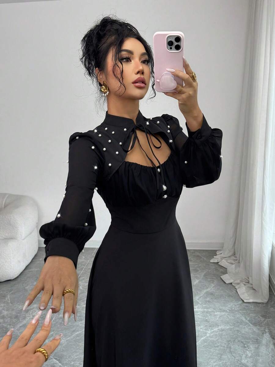 SHEIN Elenzya 女士黑色优雅修身新款二合一长袖连衣裙，立领雪纺袖，饰以珍珠，适合20-35岁以上女性，适合度假、派对、正式场合。 - 黑色 - 查看 1