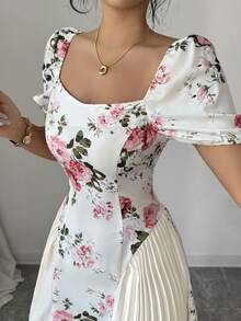 Elenzga Robe mi-longue élégante pour femmes, style français léger pour les vacances, les voyages, et les sorties. Design contrasté Top de gamme avec motif floral rose. Idéale pour la Saint-Valentin et les rendez-vous. Avec manches bouffantes et col carré plissé. - Multicolore - Voir 3
