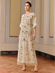 Anewsta Apricot Elegant Handmade Embroidery & Beaded Dress - Apricot - View 5