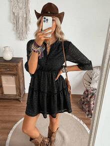LanaWest 女士春夏西部乡村音乐风格黑色针织提花镂空V领喇叭袖A字连衣裙 - 黑色 - 查看 6