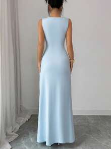 Elenzga Elegant Asymmetrical Hem Waist Cinched Sleeveless Crew Neck Stretchy Knit Bodycon Dress, Metallic Accent, French Chic, Vacation Sexy, Minimalist, Spring/Summer Elegant Long Dress Light Blue Long Dress Sleeveless Long Dress Sky Blue Formal Dress Sleek Long Dress - Blue - View 2
