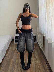 StreetHx Women's Fashionable Summer Washed Fold-Over Waist Loose Denim Shorts - Black - View 6