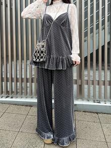 FRIFUL Women's Polka Dot Velvet Fabric Top With A-Line Silhouette, Layered Camisole With Ruffle Hem, Paired With Straight Leg Pants With Ruffle Hem, Loose Casual Two Pieces Set, Suitable For Autumn Spring - Grey - View 1
