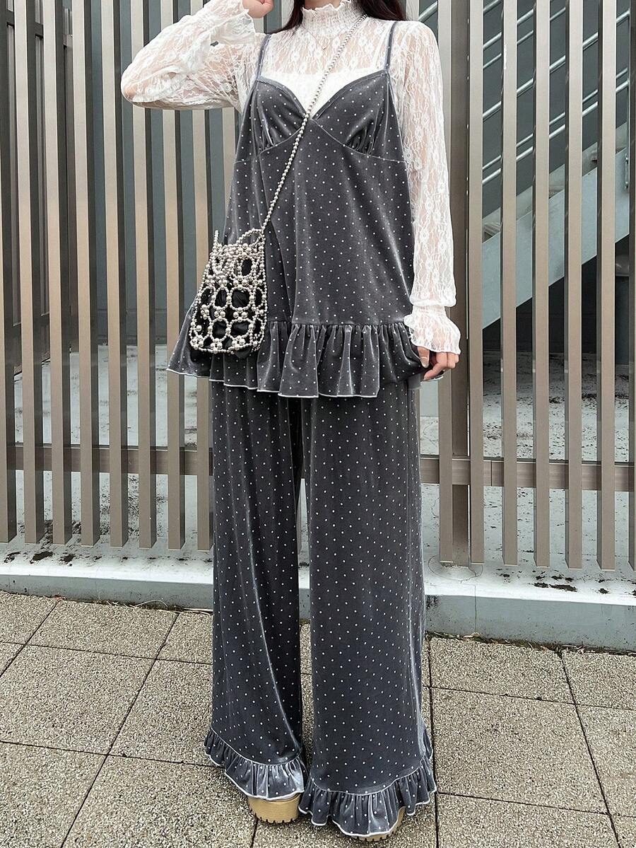 FRIFUL Women's Polka Dot Velvet Fabric Top With A-Line Silhouette, Layered Camisole With Ruffle Hem, Paired With Straight Leg Pants With Ruffle Hem, Loose Casual Two Pieces Set, Suitable For Autumn Spring - Grey - View 1