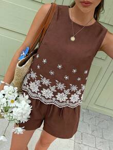 Serisse Bộ đồ nữ thường ngày thêu hoa, áo tank top và quần short, gồm 2 món. - màu nâu - Xem 4