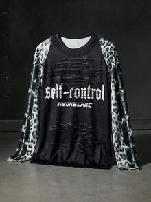 NEON BLANC Distressed Leopard Arm Digital Print T-Shirt Men 98 Streetwear Ripped Effect Tee - Black - View 2