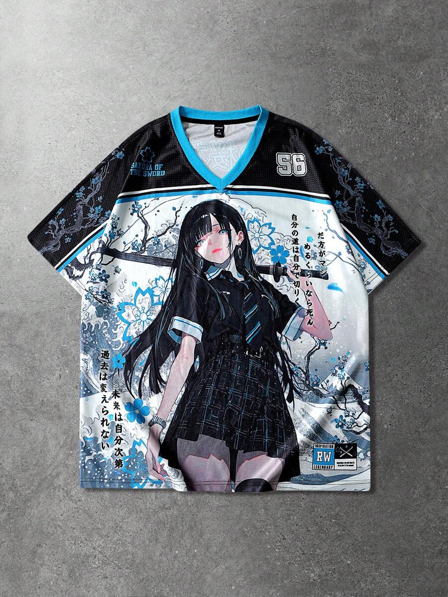 ROMWE MEN Áo thun nam tay ngắn in hình anime, thích hợp cho mùa xuân/hè. - Màu xanh lam - Xem 1