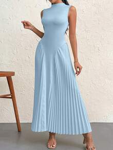 Firerie Vestido ajustado de línea A con pliegues, elegante - Celeste - Ver 6