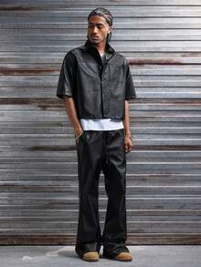 AXEPEAK Conjunto de camisa de manga corta con bolsillo delantero y pantalones casuales de verano para hombre - Negro - Ver 6