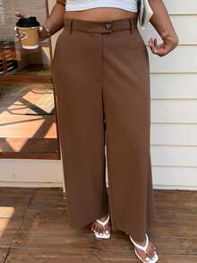 SHEIN EZwear Pantalones casuales rectos y holgados de cintura alta de unicolor para mujer de talla grande - Marrón - Ver 3