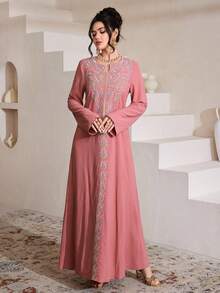 Al Najma Traditional Ramadan Print Loose Elegant Robe - Dusty Pink - View 5
