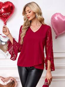 SHEIN Clasi Áo cánh tay loe cổ chữ V ren tương phản thanh lịch dành cho nữ - Đỏ - Xem 7