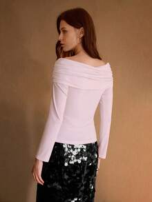 MOTF PREMIUM 女士优雅褶皱交叉裹身露肩T恤 - 粉色 - 查看 2