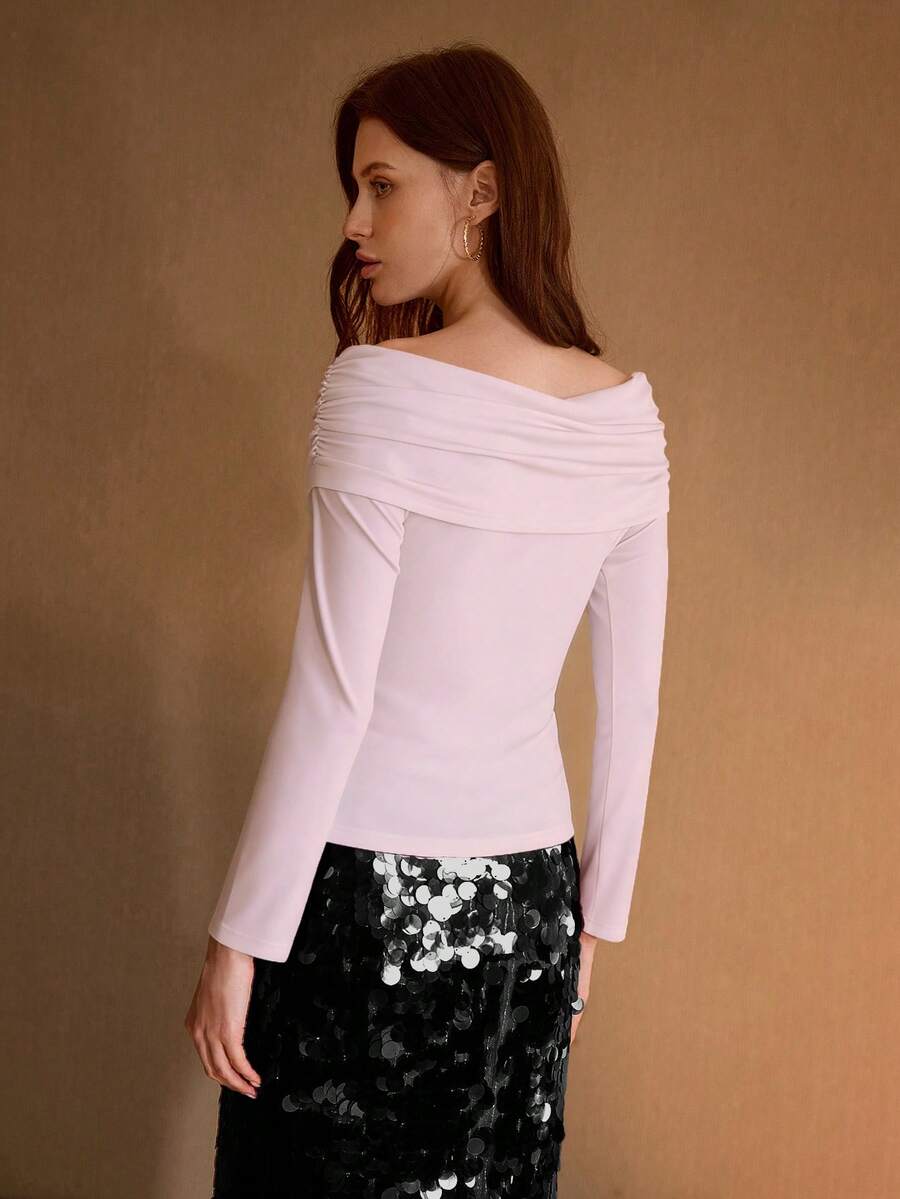 MOTF PREMIUM 女士优雅褶皱交叉裹身露肩T恤 - 粉色 - 查看 2