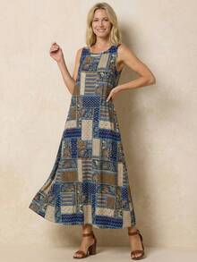 Faunlyn Women's Patchwork Print Sleeveless Dress, Summer Vacation - Multicolor - View 5