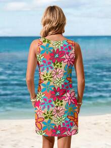 Sylviya 女士休闲彩色花卉印花圆领无袖连衣裙，适合夏季