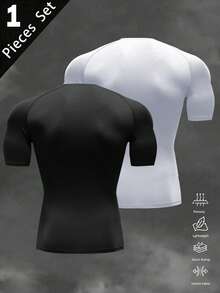 Gym Rark Camiseta esportiva masculina de compressão para academia, modelagem slim, gola redonda e manga curta. Conjunto de camisetas de compressão para academia. - Preto - Ver 2