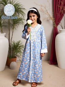 Young Girls Blue Floral Print Dress With White Lace Trim, Woven Fabric, Puff Sleeves, Suitable For Casual, School, Vacation, Party, Holiday Wear Thobes For Kid Girls Family Matching Dresses Kids Arabic Dress Abayas For Kids Abayad For Kid Girls Abaya For Kids - Blue - View 5