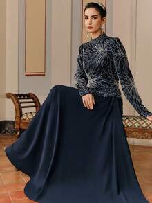 Anewsta Women's Bestselling New Beaded & Sequin Embellished Long Sleeve Fitted Elegant Dress, Suitable For Back To School, Party, Birthday - Blue - View 1