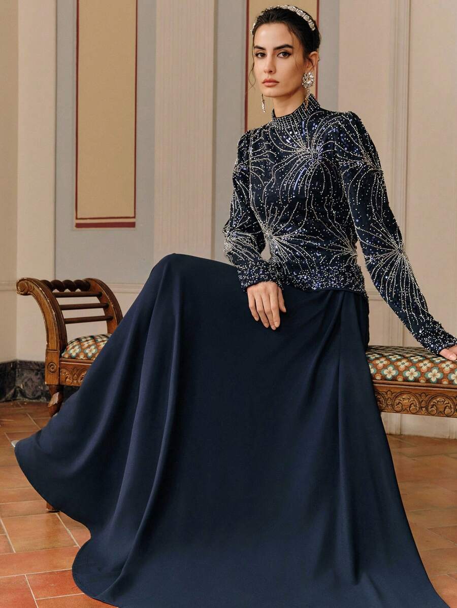 Anewsta Women's Bestselling New Beaded & Sequin Embellished Long Sleeve Fitted Elegant Dress, Suitable For Back To School, Party, Birthday - Blue - View 1