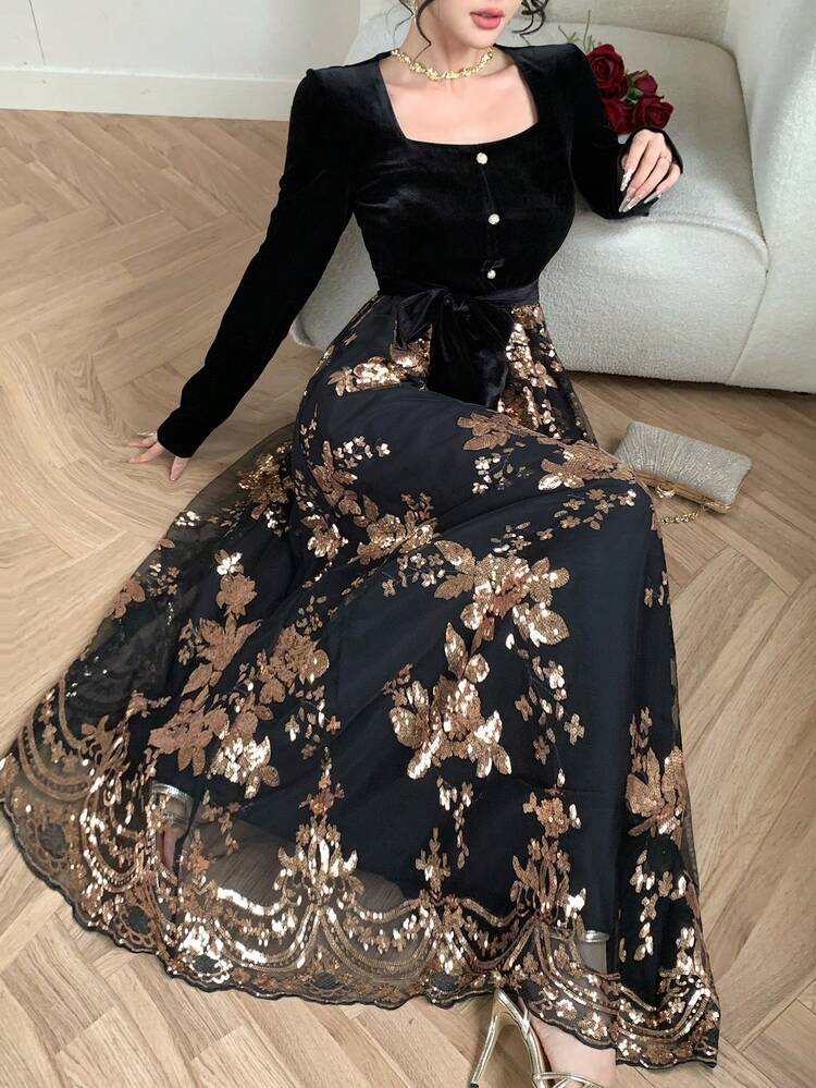 Women's Square Neck Velvet Patchwork Floral Embroidered Waist Cinched Elegant Dress Sundress