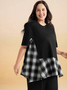 Momelise Setelan 2 Potong Atasan Patchwork Kasual Ukuran Plus + Celana Longgar Sederhana - Hitam - View 5