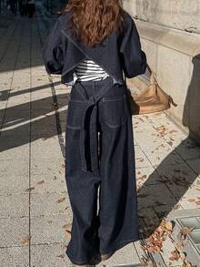 FRIFUL Women's Casual Fashion Street Loose Drop Shoulder Denim Shirt And Wide Leg Jeans Set, Spring/Autumn