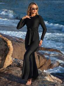 Swim Mulvari Black Long Sleeve Tie-Waist Slim-Fit Women's Burkini Two Pieces Swimsuit Set - Black - View 4