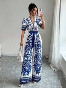 Elenzga 女士优雅腰带阔腿连体裤，印花图案，适合夏季日常穿着 - 藍色 - 查看 4