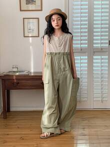 DAZY Tween Girl Contrast Button Pocket Sleeveless Casual Wide Leg Jumpsuit Summer - Army Green - View 5