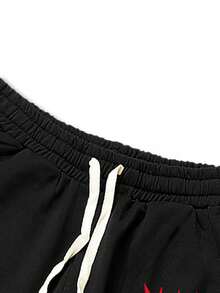 ROMWE MEN Goth Pantalones de chándal casuales con cordón en la cintura, estampado de calavera y retrato de color contrastante para hombres - Negro - Ver 3