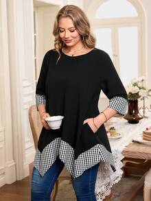 Rosumi 大码女式格子拼接不对称下摆休闲百搭通勤长袖衬衫 - 黑色 - 查看 4