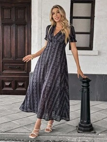 Pariaura 优雅泡泡袖V领复古印花收腰长连衣裙，春夏款 - 黑色 - 查看 4