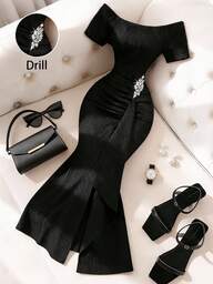 Franclia Women's Elegant Summer Fashion Date Party Dress, Off Shoulder Short Sleeve Ruched Fitted Dress, Solid Color Textured Knit, Long Slit Hem Maxi Dress, Black Bodycon Formal Gown, Waist Side Rhinestone Buckle, Chic Slit Dress, High-End Outfit For Cocktail, Evening, Commute, Daily, Summer, Party, Beach, Date, Graduation, Business, Urban Chic Black Elegant Dress Classy Black Dress Black Midi Dress Elegant Outfit