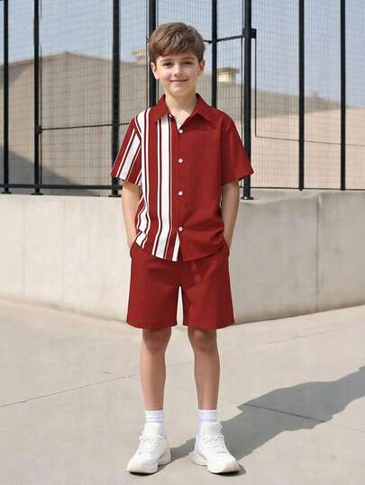 Vacaura 2 st/set tonårspojkar sommarmode med randig lapptäcke, polokrage, kortärmad skjorta och avslappnade shorts